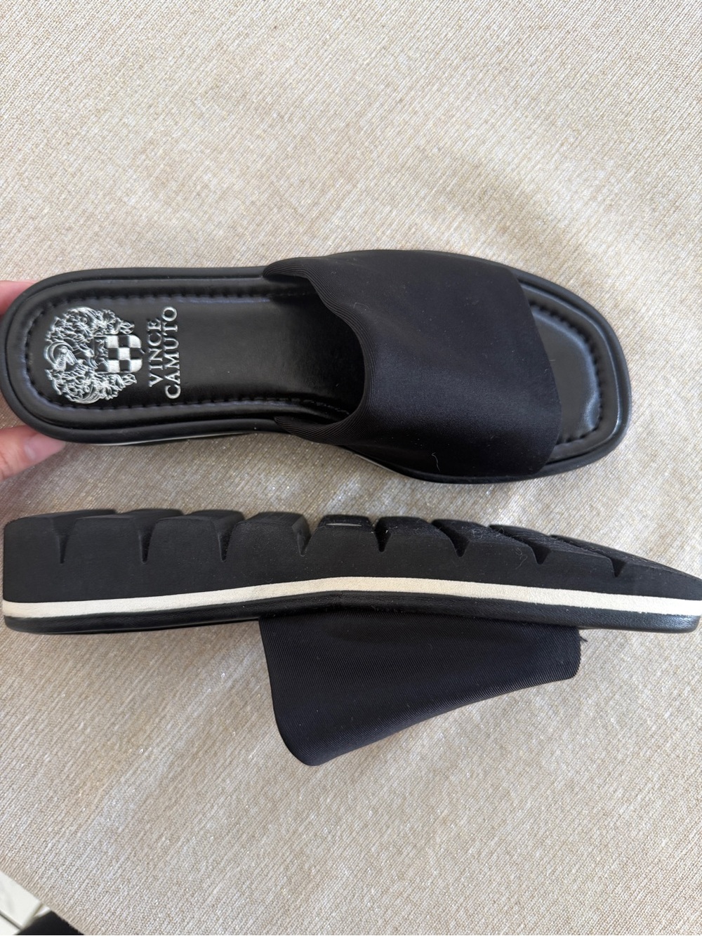 Vince Camuto Black Slide Sandals with White Stripe Platform